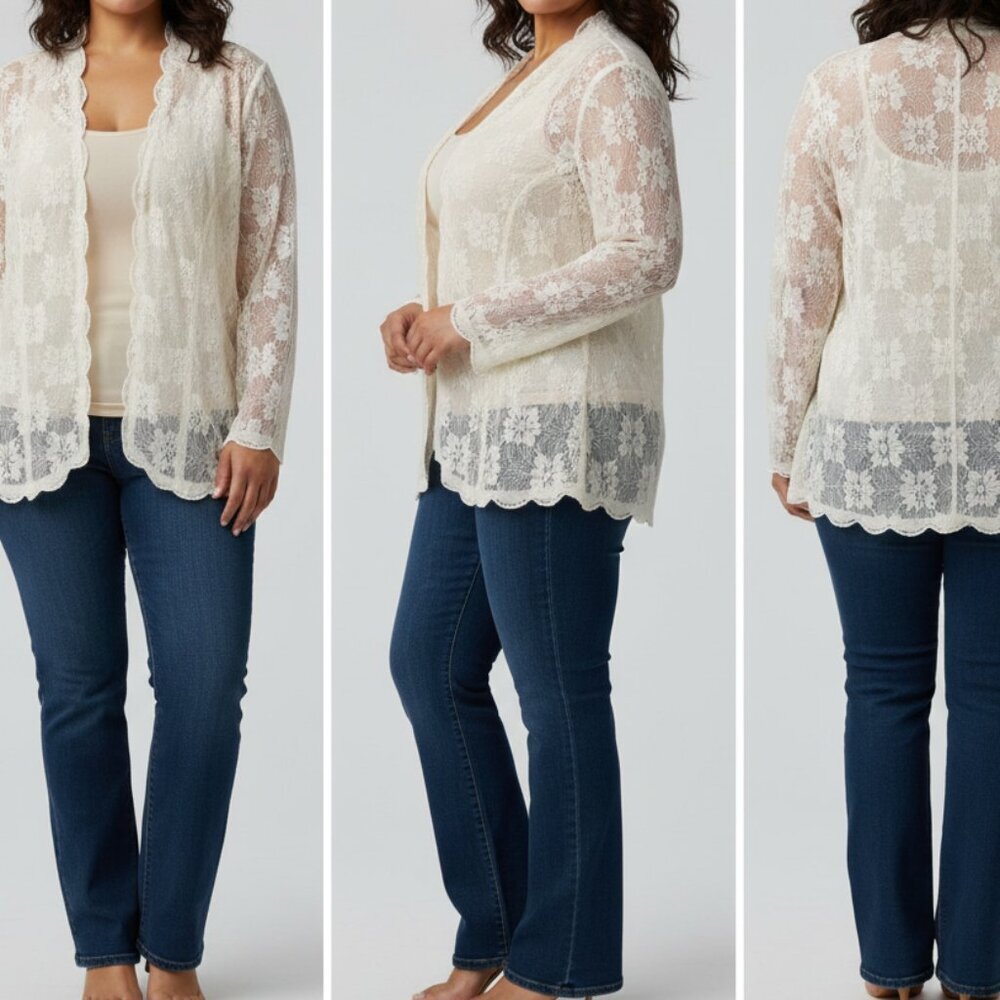 3/$60 Roaman’s Cream Floral Lace Snap Button Long Sleeve Blouse SZ L
